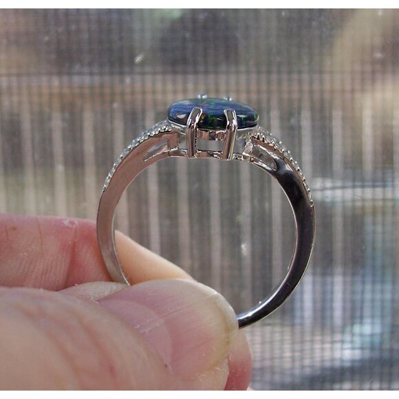 925 Sterling Silver Marquise Lab Created Green Black Opal CZ Ring - Picture 7 of 15